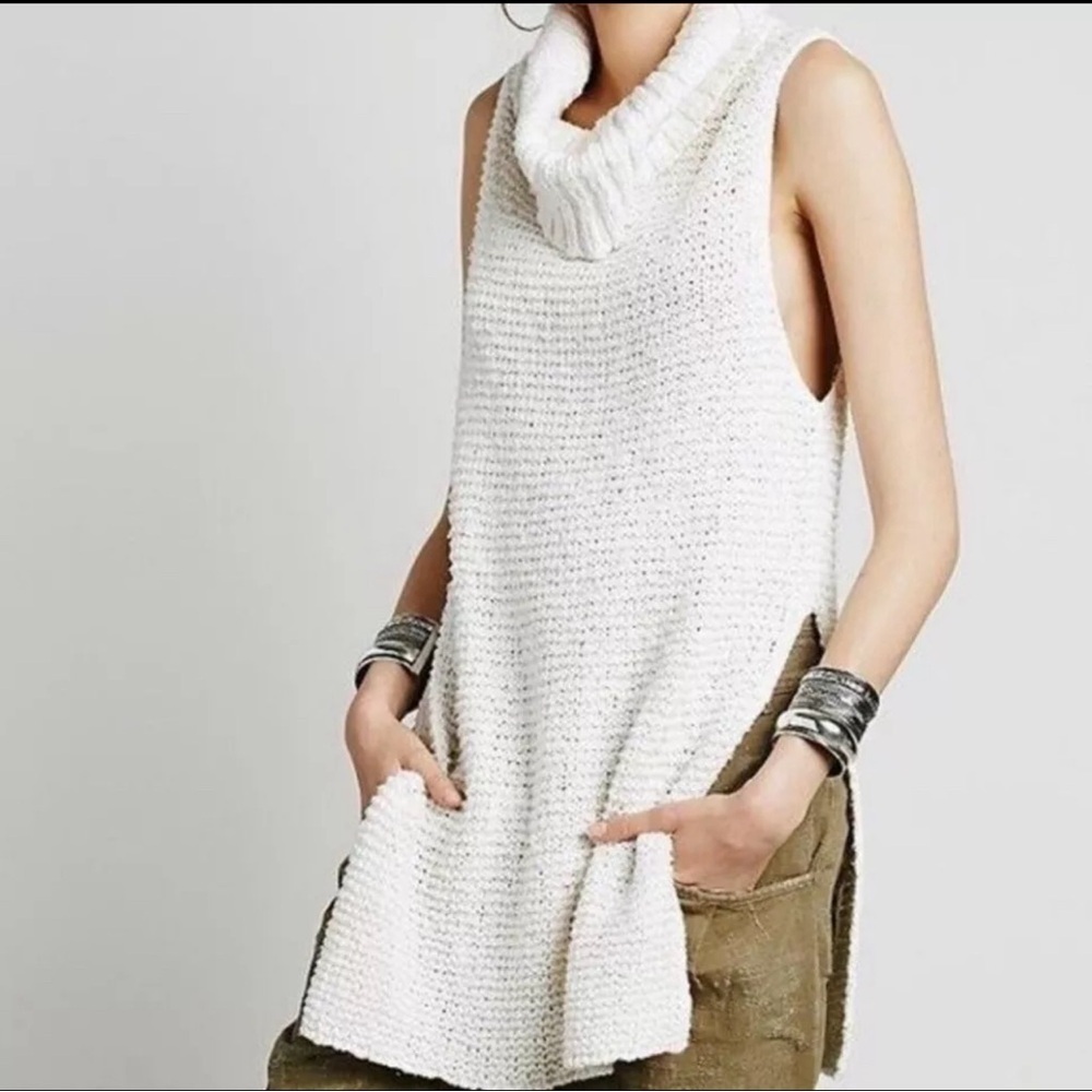 Free People Boho Cream Knit Sleeveless Cotton Sweater Dress Fisherman Size Small